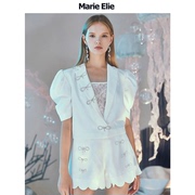 MarieElie短袖V领上衣蝴蝶结短款小外套白色