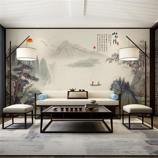 中式电视背景墙壁纸客厅装饰影视墙布山水情沙发书房壁画墙纸壁布