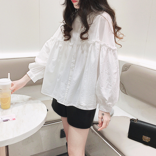 白色衬衫女设计感小众韩版宽松甜美洋气花边，小个子蓬蓬娃娃衫上衣