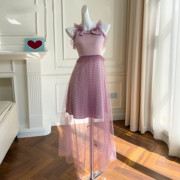 法式2024夏装设计度假风紫色吊带裙海边度假旅游中长款连衣裙
