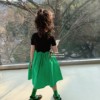 高级感绿色女童连衣裙短袖，波浪高腰针织纯棉，中大童公主裙2023年夏