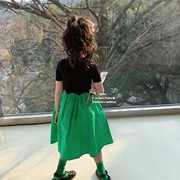 高级感绿色女童连衣裙短袖波浪，高腰针织纯棉，中大童公主裙2023年夏