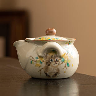 米黄汝窑猫咪手抓壶单个壶茶碗防烫家用陶瓷茶壶茶杯功夫茶具套装