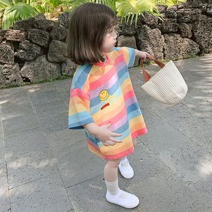 韩系2024夏季童装韩版女童条纹，彩虹中长款短袖，t恤儿童连衣裙