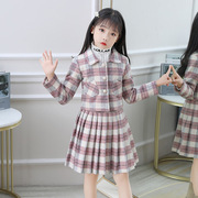 短袖中长款娃娃裙连衣裙公主裙童装两件套装冬季女韩版格子