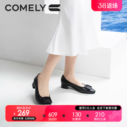 康莉粗跟单鞋女2023年春季方扣真皮低跟尖头，软底舒适职业鞋