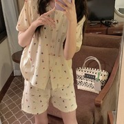 睡衣女夏季短袖短裤韩版清新简约小碎花纯棉纱布家居服两件套装天