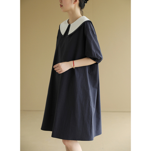 天然出品白色宽边翻领法式短袖连衣裙黑蓝色中长裙复古纯色QA5529