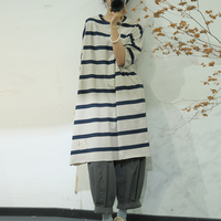 日系h型，棉条纹圆领连衣裙