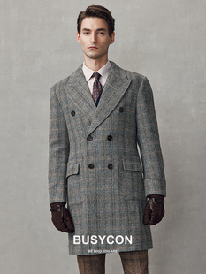 双排扣男士大衣羊毛，厚款英伦风格子，复古粗花呢外套高级感男风衣