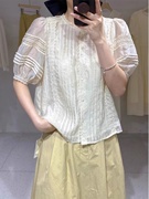 韩国圆领花边刺绣短袖衬衫女夏季2024法式镂空蕾丝泡泡袖宽松