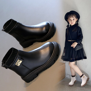 女童靴子儿童马丁靴，2023秋冬中大童女孩短靴，纯色毛线口中筒靴