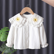 女童蕾丝娃娃领衬衫，纯棉婴儿上衣1-6岁小女孩长袖，春秋款白色衬衣