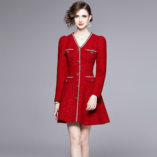 红色连衣裙女冬季法式V领收腰显瘦订婚小香风敬酒服礼服短裙