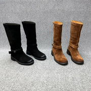 欧货欧洲站真皮女靴，2023秋冬平跟套筒，磨砂皮皮带扣中筒靴长靴