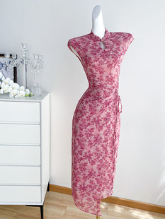 粉色复古改良旗袍连衣裙女夏季长裙高级感法式赫本风气质礼服裙子