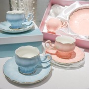出口意大利荷叶小咖啡杯粉红，天蓝系列手工描金杯碟，、礼盒茶具套装