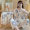 女士夏季短袖睡衣三件套韩版甜美可爱卡通家居服