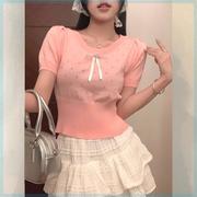 韩系甜美粉色镂空针织短袖，t恤女夏季蝴蝶结打底衫小个子短款上衣