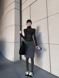 黑有染miekevv优雅lady灰色，波点半身裙低腰修身复古优雅中长裙
