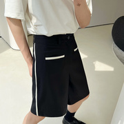 夏季韩国撞色拼皮西装短裤男设计感韩版气质百搭网红直筒五分裤潮