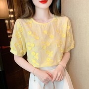 甜美蕾丝刺绣上衣夏季洋气减龄小衫法式独特别致女士短袖衬衫