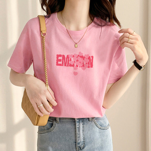 2024夏季正肩粉色字母，t恤女圆领短袖设计感小众韩版纯棉上衣