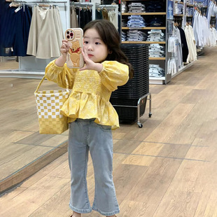 韩系童装2023春装女童洋气泡泡袖，黄色碎花衬衫，儿童小香风纯棉上衣