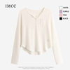 IMCC设计感小众半开V领口袋针织长袖T恤女2023春显瘦短款薄款上衣