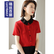 xy拼接撞色衬衫女设计感小众，轻熟短袖红色衬衣夏季复古上衣