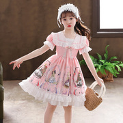 粉色韩版短袖雪纺公主，童裙印花女孩连衣，裙子晚礼服儿童礼服