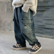 新男童(新男童)冬装牛仔裤，2023儿童秋冬季加绒一体，绒男孩加厚直筒宽促