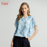 Gitti/吉蒂时尚印花蝙蝠袖雪纺衫女宽松大码花边拼接上衣G231234