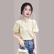 新中式国风灯笼袖雪纺衫2024夏季高级漂亮时尚黄色短袖上衣女