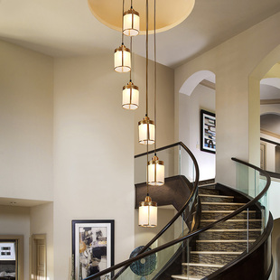 楼梯灯长吊灯中式新中式旋转复式楼全铜灯美式客厅，别墅多层楼道灯
