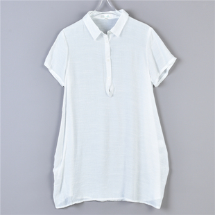 日单棉纱短袖连衣裙，1.20l77570套头半开领轻薄透气休闲小长衫