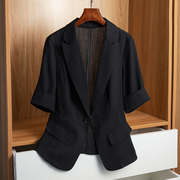 黑色棉麻短袖小西装，外套女士2022夏季小个子修身大码薄款上衣