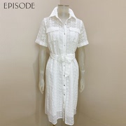 EPISODE艾碧素 夏优雅舒适白色镂空女士短袖连衣裙配腰带