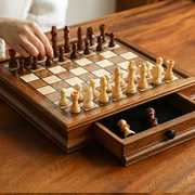 国际象棋木质磁性套装，抽屉款高档胡桃木实木沙比利，棋盒chess收藏