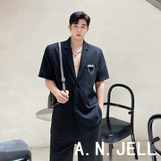 韩国版男装东大门21夏发型师，黑白色华夫格，休闲短袖短裤西服装套装