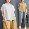 外贸出口意大利女装棉麻衬衫日系小众设计感翻领女装夏季短袖上衣
