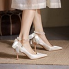 法式绸缎单鞋女日常可穿白色伴娘，新娘配婚纱婚鞋细跟成人礼高跟鞋