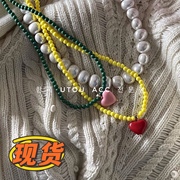 utou 韩国东大门HELDER同款糖果色彩色撞色爱心串珠项链毛衣链