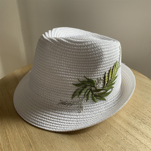 夏天白色绣花卷边小礼帽，女休闲草帽，遮阳帽沙滩海边度假帽子潮