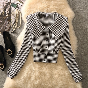 格子娃娃领长袖衬衫女秋季小个子短款外套，设计感小众修身显瘦上衣
