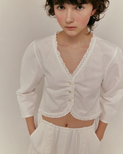 PREON夏季棉麻舒适纯白色系花边小衬衫松紧带短裙套装森系