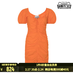 ganni夏季橘色棉质抽褶设计女士，u形领泡泡，袖修身连衣裙短裙