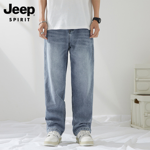 jeep吉普男士牛仔裤宽松直筒，夏季薄款浅色，阔腿春秋长裤子男潮