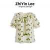 zhiyin绿色刺绣碎花雪纺衬衫，女24春夏短袖，娃娃衫薄荷曼波上衣