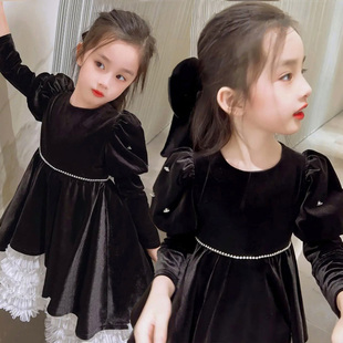 韩国女童小香风连衣裙秋冬款加绒加厚洋气丝绒儿童黑色礼服公主裙